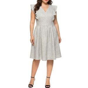 1901 Ruffle Sleeve Fit and Flare Dress Women 14 silver Grey Basketweave V-Neck